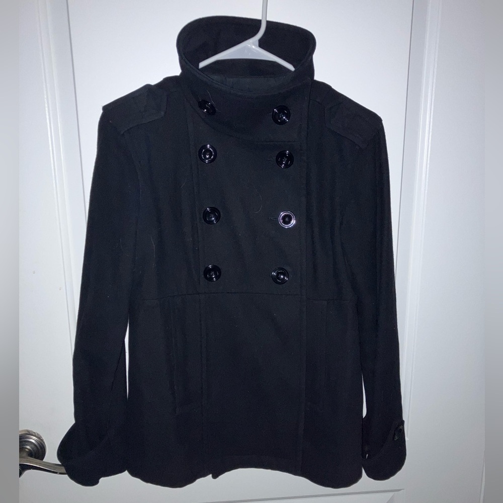 Gap Women's Black Double-Breasted High Collar Wool Blend Pea Coat, Small